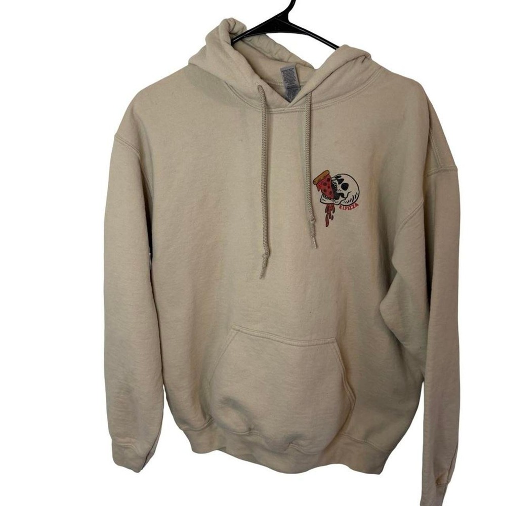 Gildan RIP Pizza Skull Graphic Hoodie Sand Beige Pullover Sweatshirt Medium